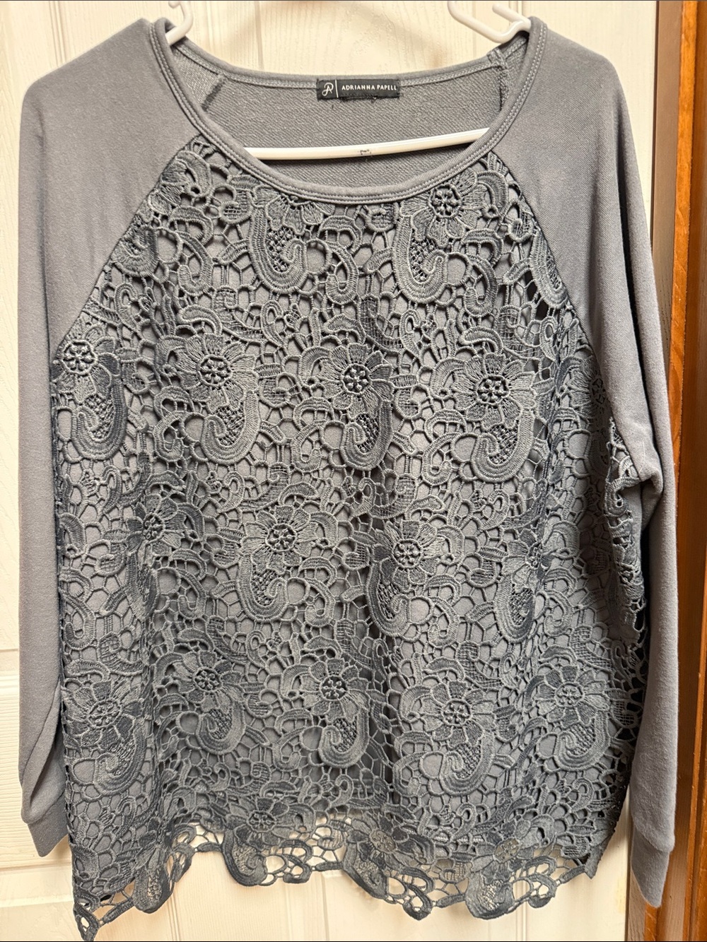 Adrianna Papell Gray Lace Front Pullover Top